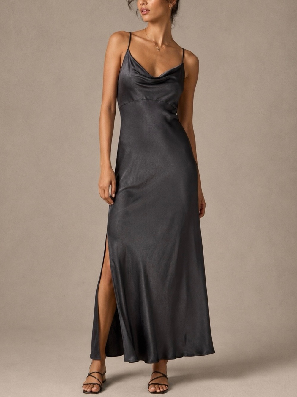 Satin Cowl Neck Maxi Slip Dress - Black